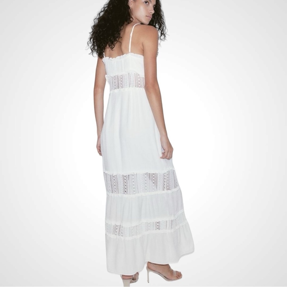 H&M Lace-inset Crêpe White Maxi Dress Boho Summer Size Small - Picture 5 of 7